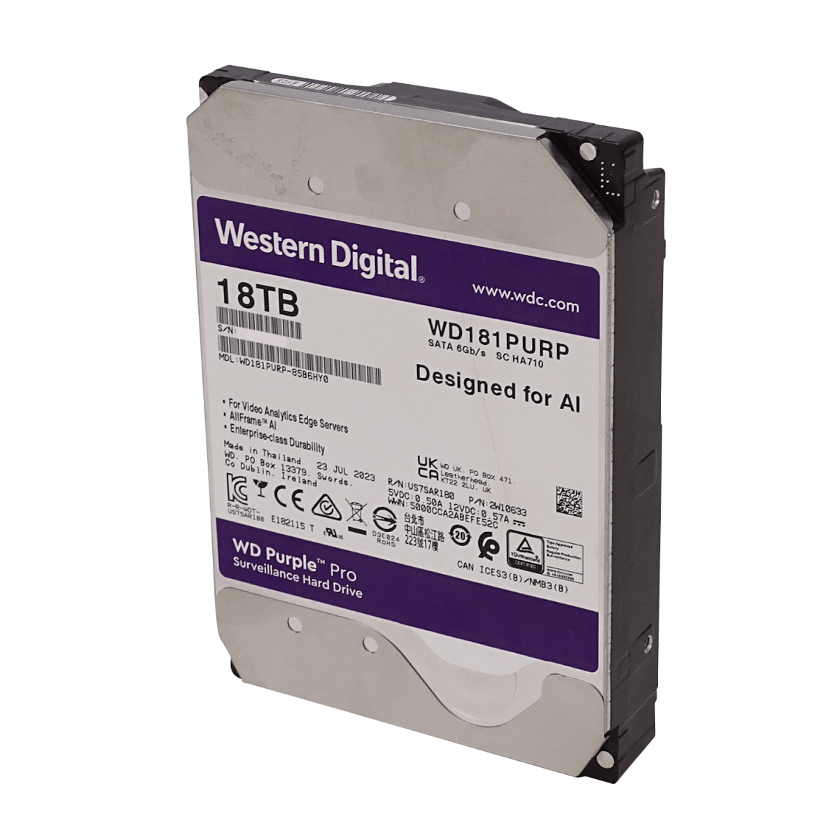 Disco Duro 18TB Western Digital Purple Videovigilancia 512MB 7200RPM 3,5 SATA 6GB/S - WD181PURP