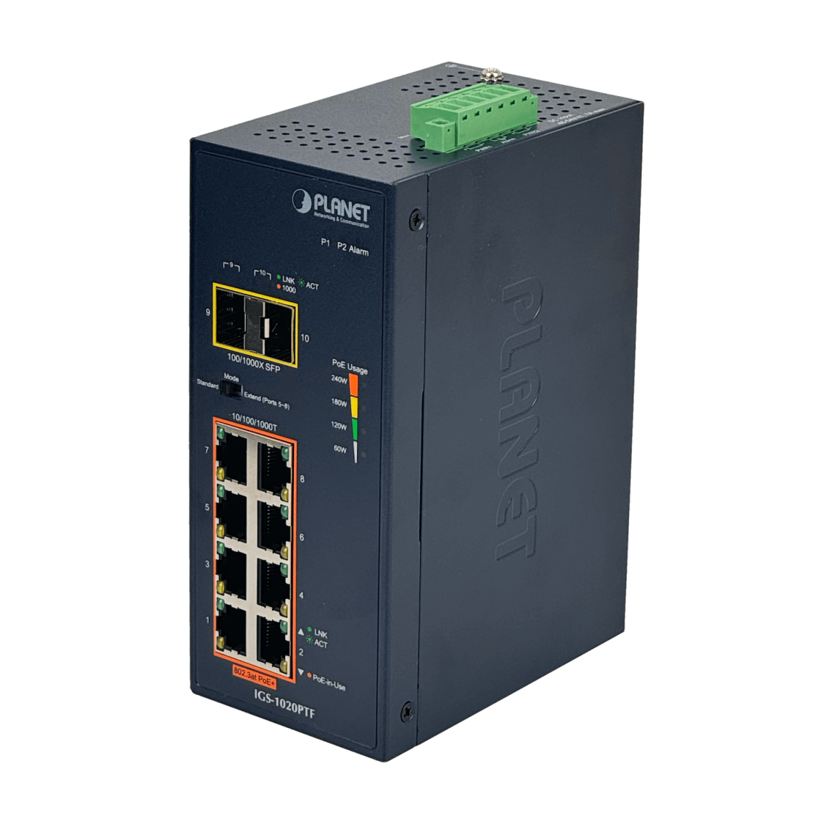 Switch Industrial Administrable Planet 8-1000-PoE+ 2-SFP 240W Riel-DIN 48/54VDC - IGS-1020PTF