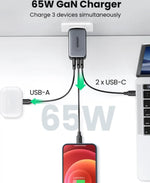 Cargador Rapido Ugreen 65W GaN Tech. 2 puertos USB-C. 1 puertos USB-A - CD244