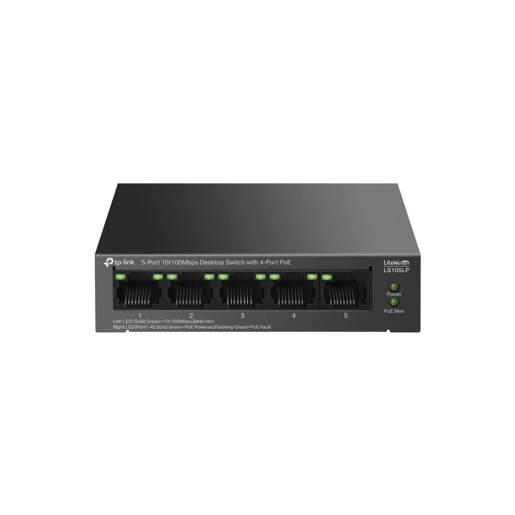 Switch de Escritorio TP-Link 5 Puertos 10/100 Mbps 4 Puertos PoE+ 41W Plug & Play - LS105LP