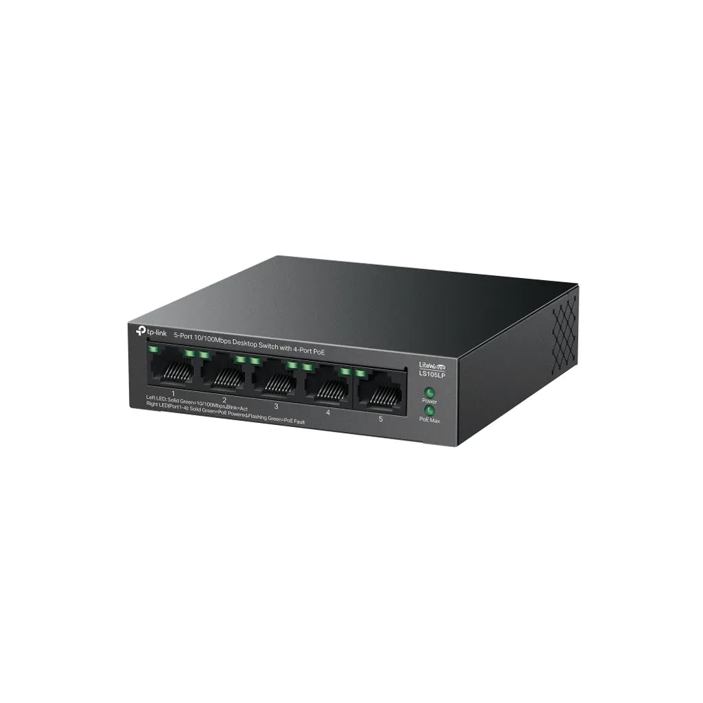 Switch de Escritorio TP-Link 5 Puertos 10/100 Mbps 4 Puertos PoE+ 41W Plug & Play - LS105LP