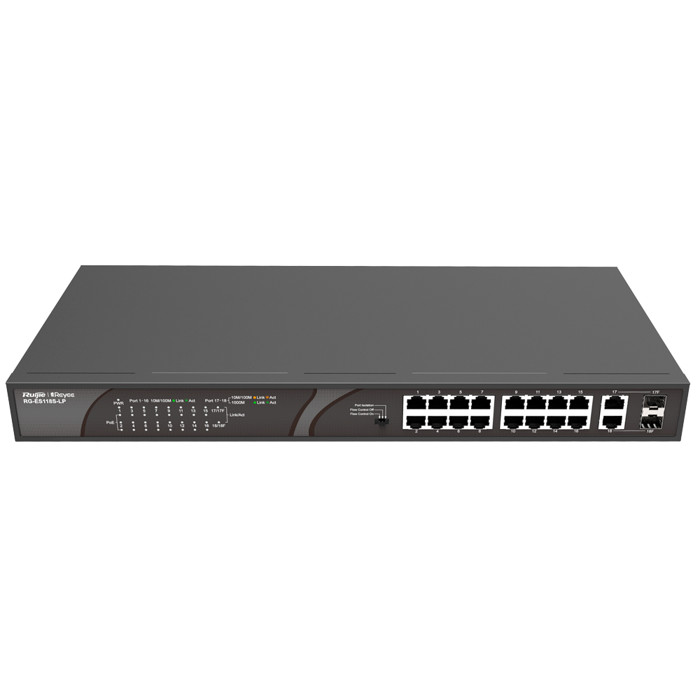Switch PoE REYEE 16 puertos 10/100Mbps 2 puertos 10/100/1000Mbp RG-ES118S-LP